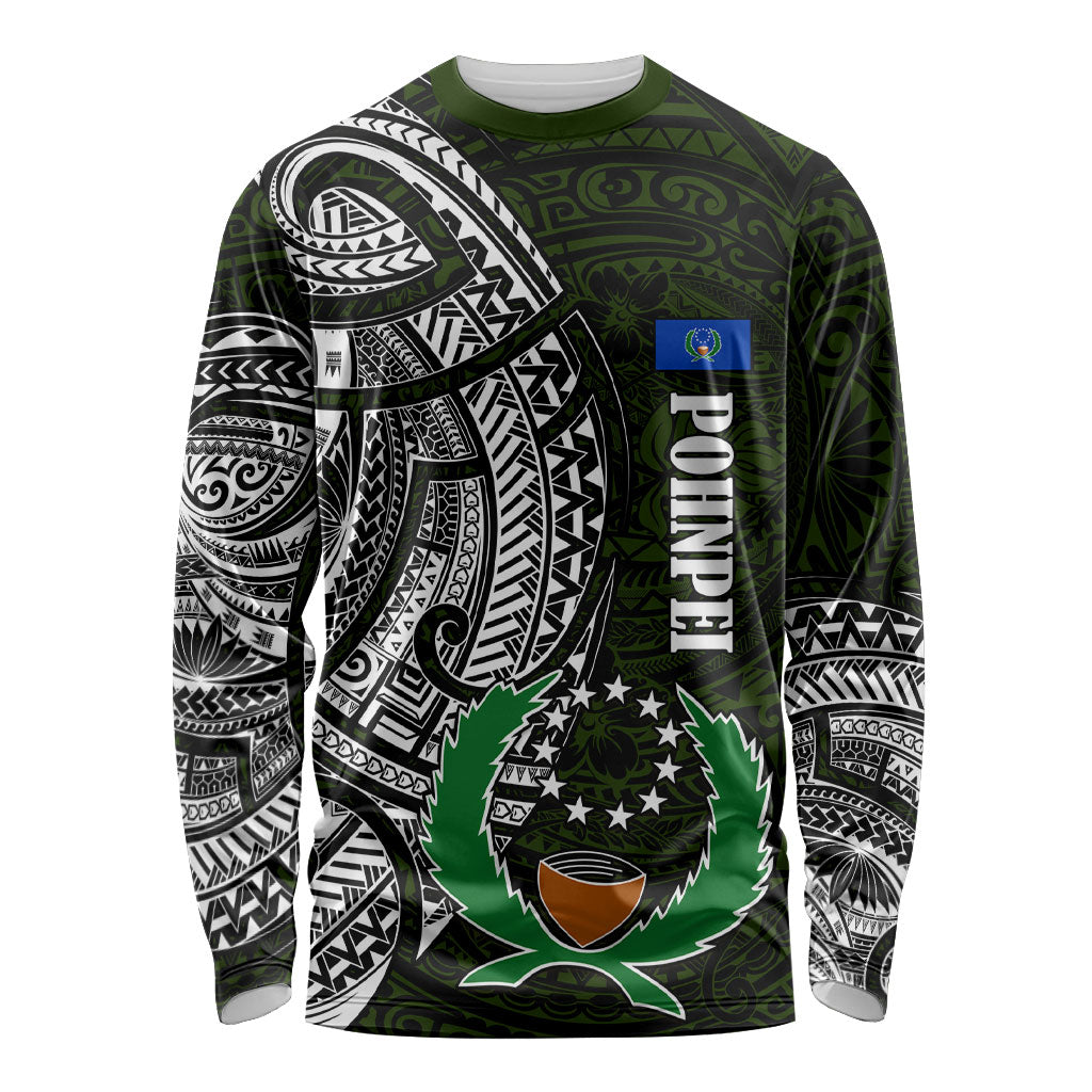 Pohnpei Federated States Of Micronesia Long Sleeve Shirt Polynesian Tribal Heritage Art With Kaselehlie State Seal TS04 Unisex Green White - Polynesian Pride