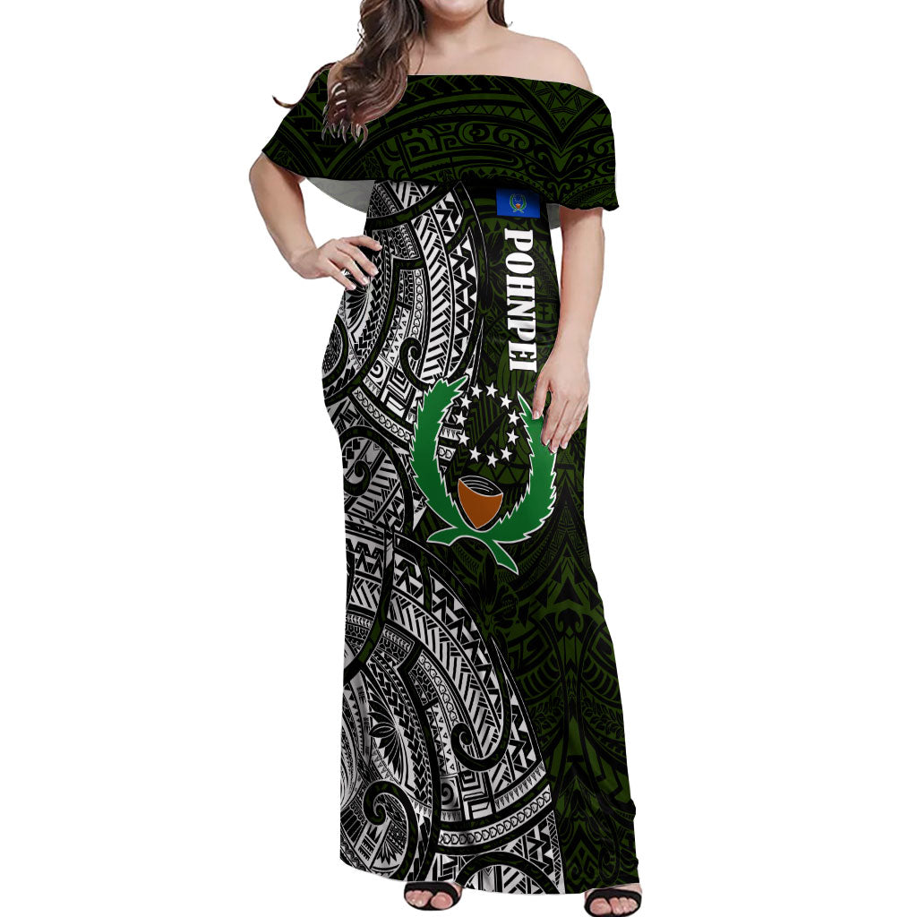Pohnpei Federated States Of Micronesia Off Shoulder Maxi Dress Polynesian Tribal Heritage Art With Kaselehlie State Seal TS04 Women Green White - Polynesian Pride