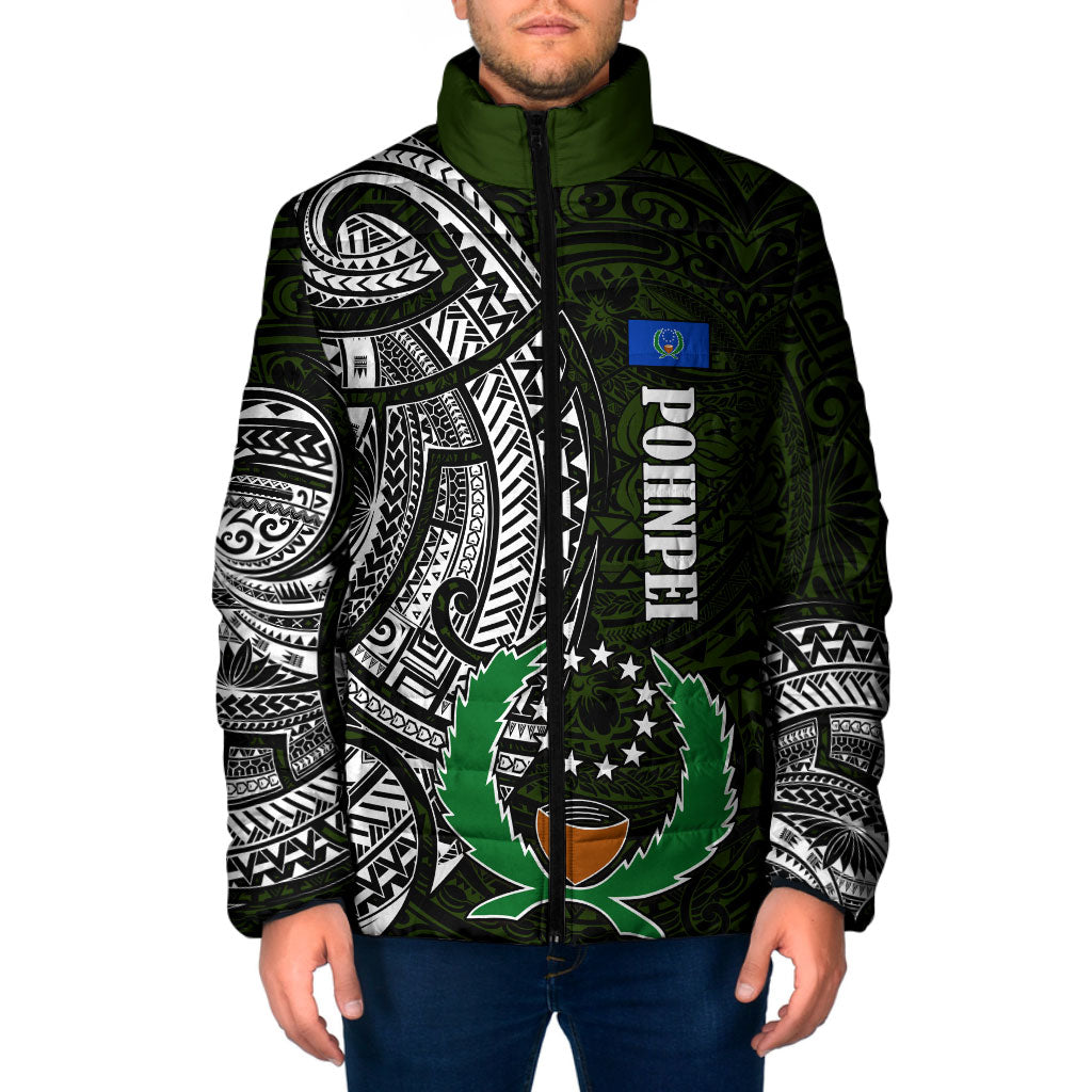 Pohnpei Federated States Of Micronesia Padded Jacket Polynesian Tribal Heritage Art With Kaselehlie State Seal TS04 Men Green White - Polynesian Pride