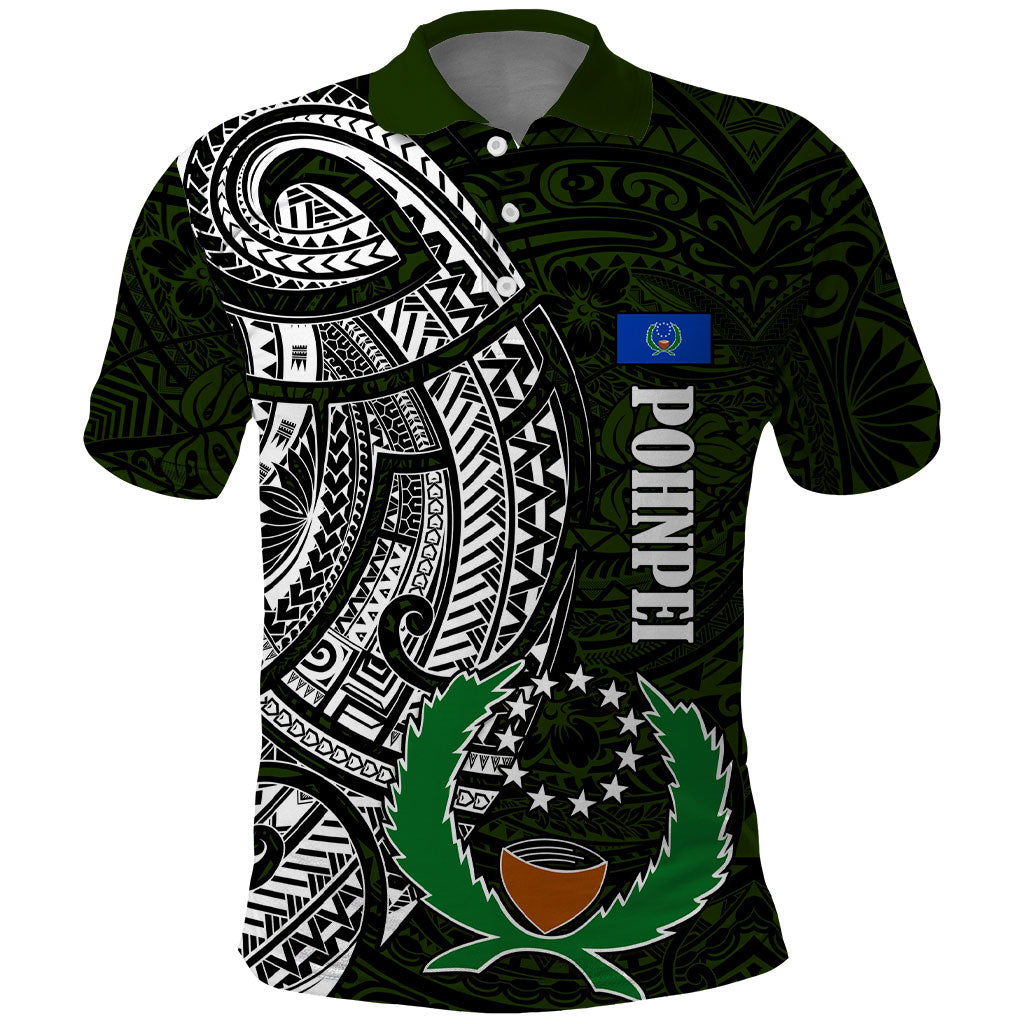 Pohnpei Federated States Of Micronesia Polo Shirt Polynesian Tribal Heritage Art With Kaselehlie State Seal TS04 Green White - Polynesian Pride