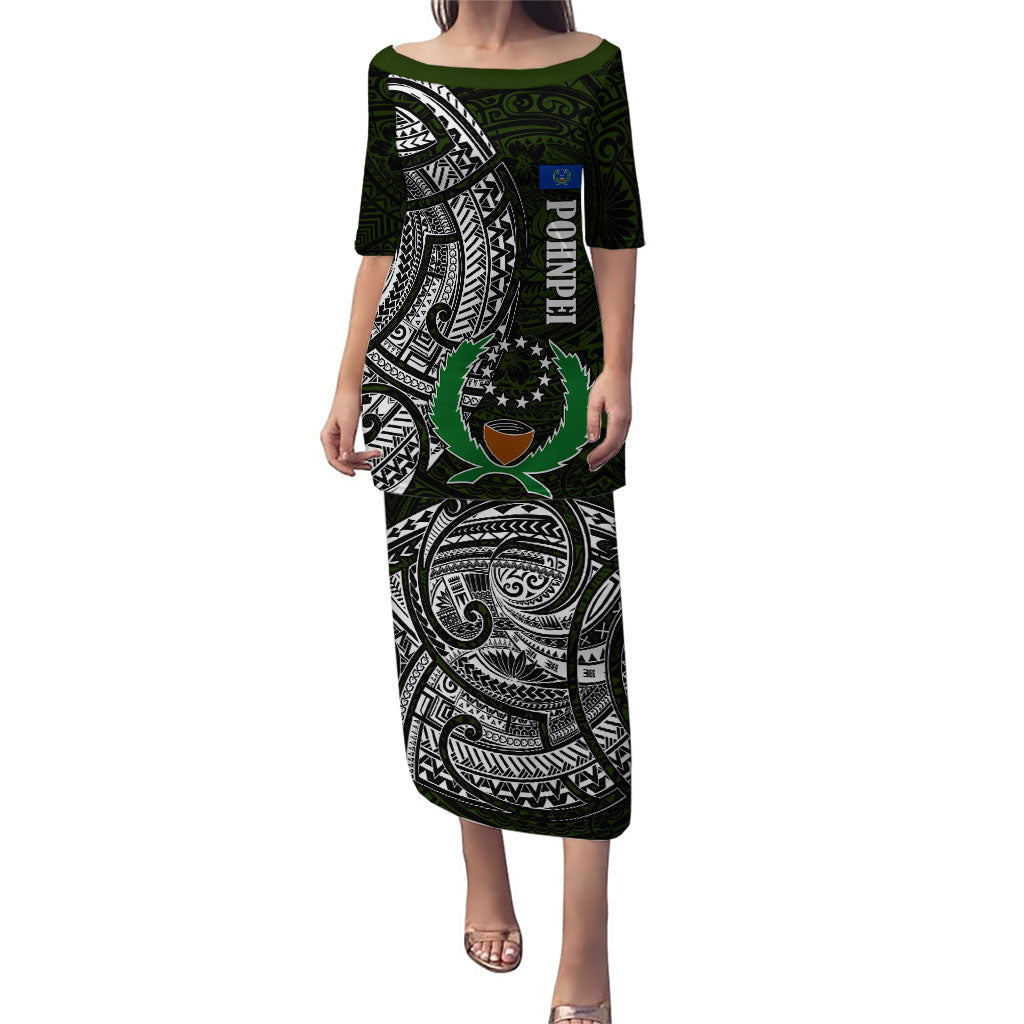 Pohnpei Federated States Of Micronesia Puletasi Polynesian Tribal Heritage Art With Kaselehlie State Seal TS04 Long Dress Green White - Polynesian Pride