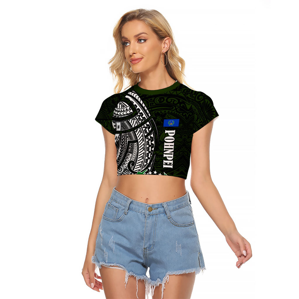 Pohnpei Federated States Of Micronesia Raglan Cropped T Shirt Polynesian Tribal Heritage Art With Kaselehlie State Seal TS04 Female Green White - Polynesian Pride