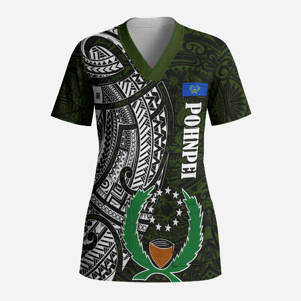 Pohnpei Federated States Of Micronesia Scrub Top Polynesian Tribal Heritage Art With Kaselehlie State Seal TS04 Adult Green White - Polynesian Pride