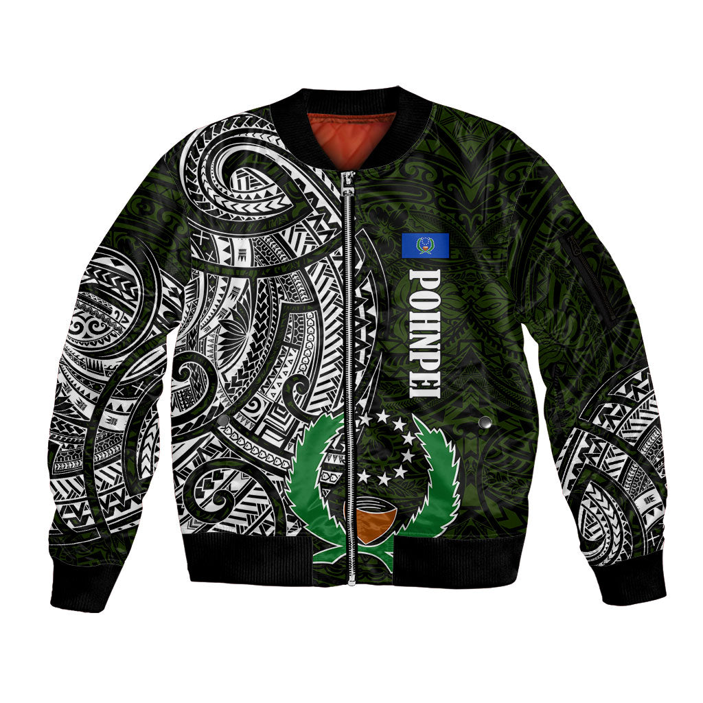 Pohnpei Federated States Of Micronesia Sleeve Zip Bomber Jacket Polynesian Tribal Heritage Art With Kaselehlie State Seal
