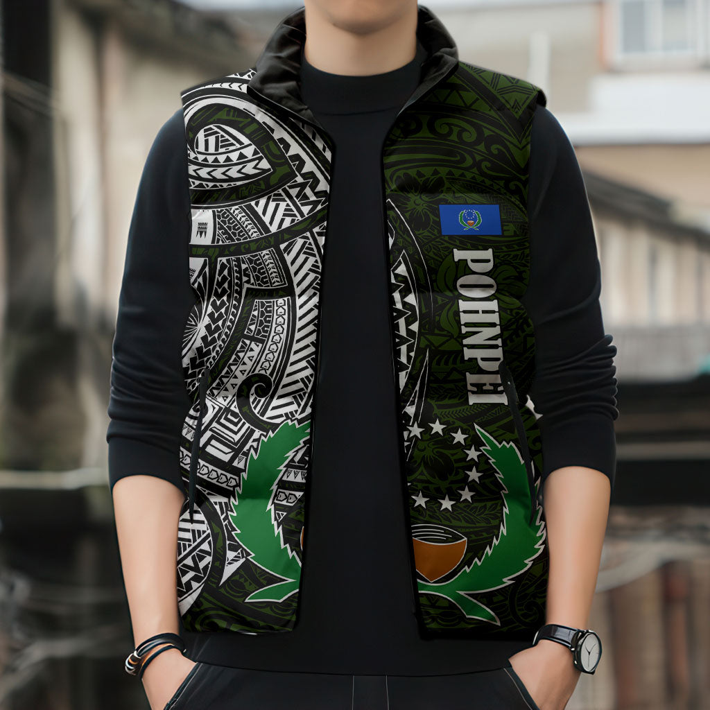 Pohnpei Federated States Of Micronesia Sleeveless Puffer Jacket Polynesian Tribal Heritage Art With Kaselehlie State Seal