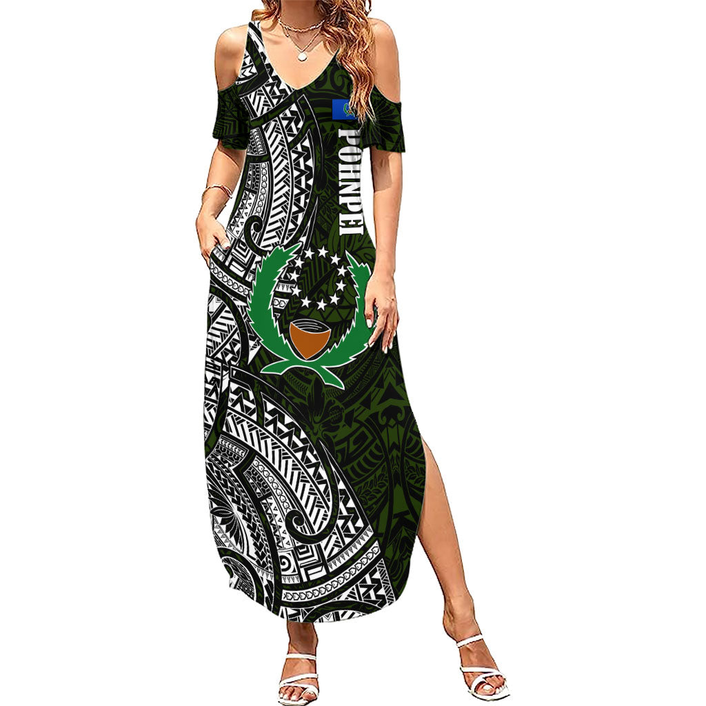 Pohnpei Federated States Of Micronesia Summer Maxi Dress Polynesian Tribal Heritage Art With Kaselehlie State Seal TS04 Women Green White - Polynesian Pride