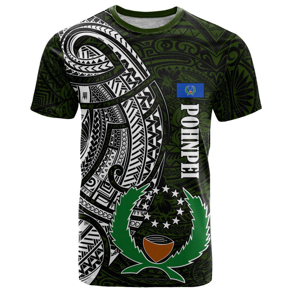 Pohnpei Federated States Of Micronesia T Shirt Polynesian Tribal Heritage Art With Kaselehlie State Seal TS04 Green White - Polynesian Pride