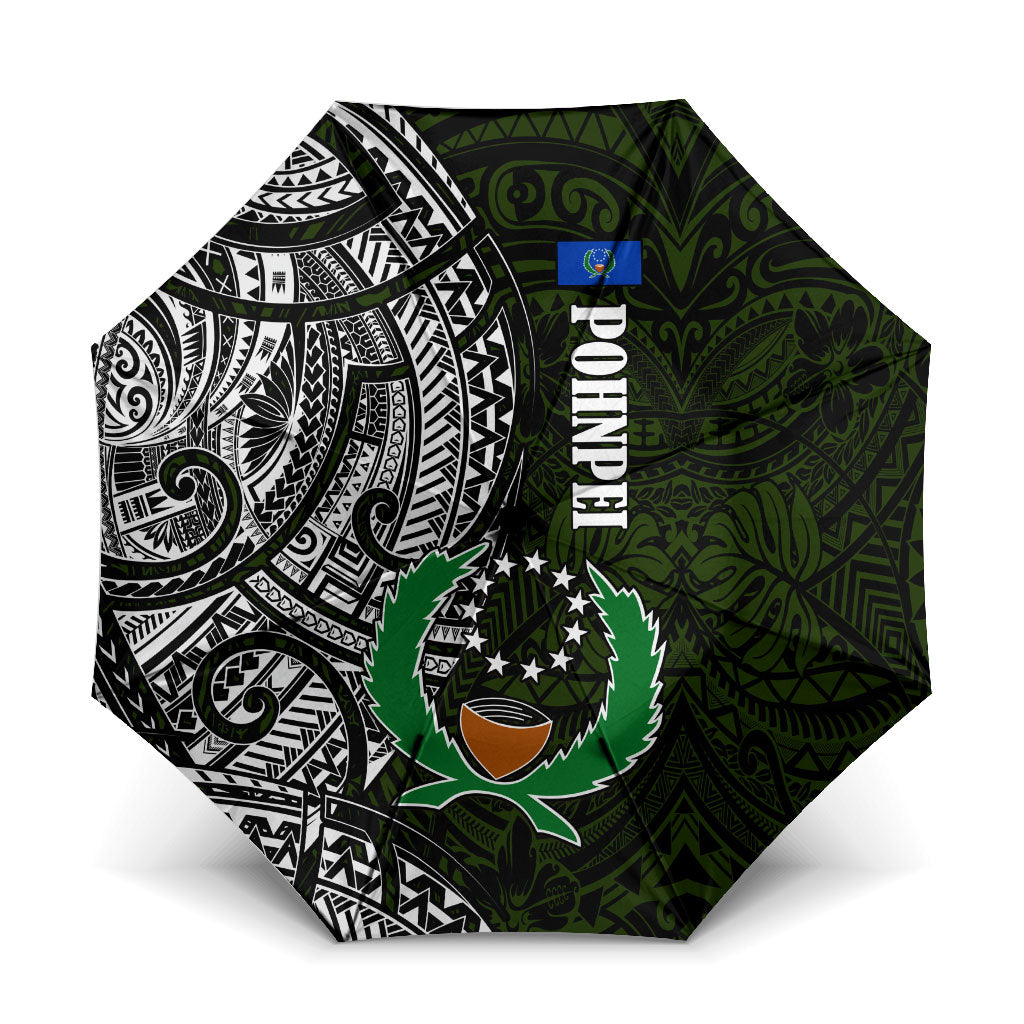 Pohnpei Federated States Of Micronesia Umbrella Polynesian Tribal Heritage Art With Kaselehlie State Seal TS04 One Size Folded 11.42 inch Opened Diameter 37.4 inch Green White - Polynesian Pride