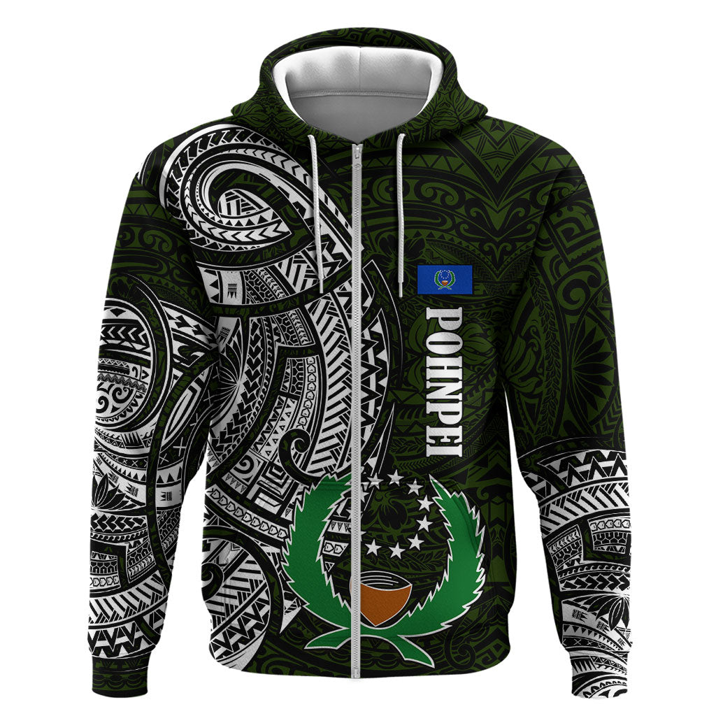 Pohnpei Federated States Of Micronesia Zip Hoodie Polynesian Tribal Heritage Art With Kaselehlie State Seal TS04 Zip Hoodie Green White - Polynesian Pride