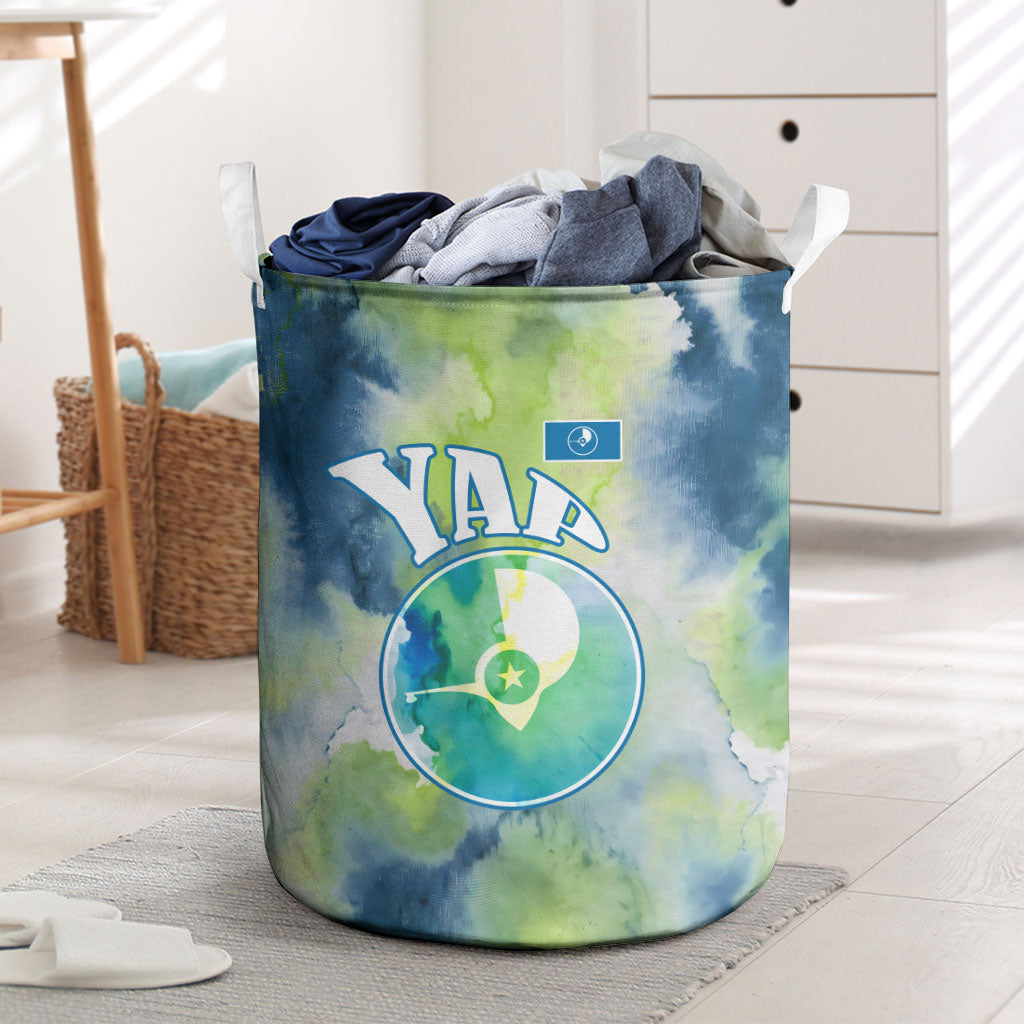 Yap Island Heritage Cultural Symbol Laundry Basket Micronesian Flag Stone Money Watercolor Abstract Art Design TS04 Green Blue - Polynesian Pride