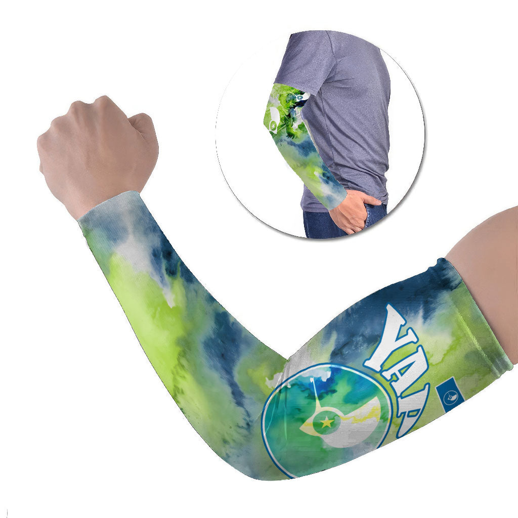 Yap Island Heritage Cultural Symbol Arm Sleeves Micronesian Flag Stone Money Watercolor Abstract Art Design TS04 Set of 2 Green Blue - Polynesian Pride