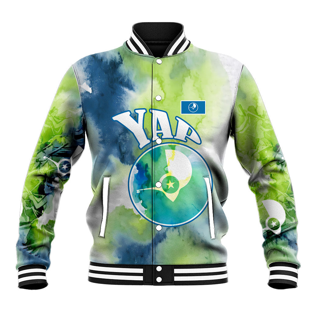 Yap Island Heritage Cultural Symbol Baseball Jacket Micronesian Flag Stone Money Watercolor Abstract Art Design TS04 Unisex Green Blue - Polynesian Pride