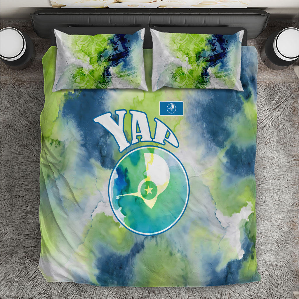 Yap Island Heritage Cultural Symbol Bedding Set Micronesian Flag Stone Money Watercolor Abstract Art Design TS04 Green Blue - Polynesian Pride