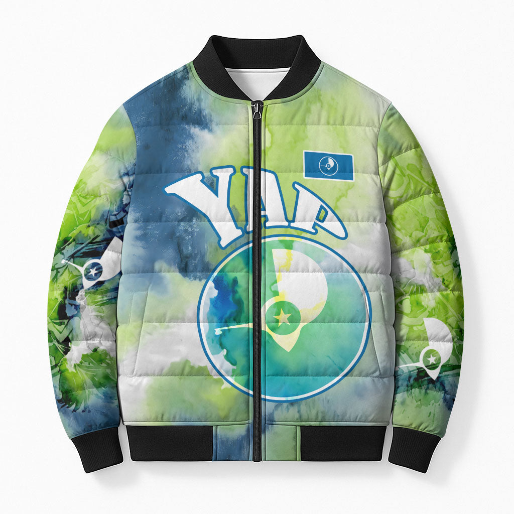 Yap Island Heritage Cultural Symbol Bomber Puffer Jacket Micronesian Flag Stone Money Watercolor Abstract Art Design TS04 Unisex Green Blue - Polynesian Pride