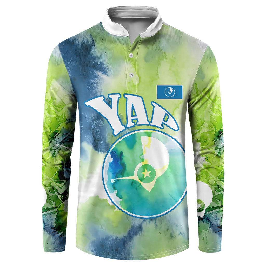 Yap Island Heritage Cultural Symbol Button Sweatshirt Micronesian Flag Stone Money Watercolor Abstract Art Design TS04 Green Blue - Polynesian Pride
