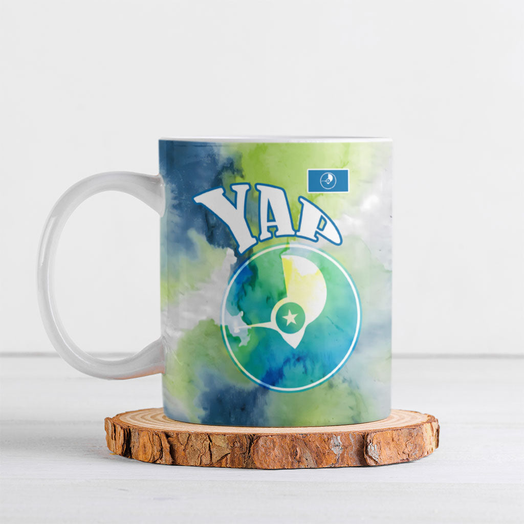 Yap Island Heritage Cultural Symbol Ceramic Mug Micronesian Flag Stone Money Watercolor Abstract Art Design TS04 Green Blue - Polynesian Pride