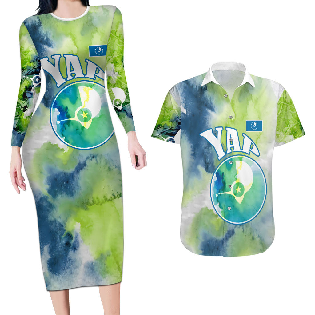 Yap Island Heritage Cultural Symbol Couples Matching Long Sleeve Bodycon Dress and Hawaiian Shirt Micronesian Flag Stone Money Watercolor Abstract Art Design TS04 Green Blue - Polynesian Pride