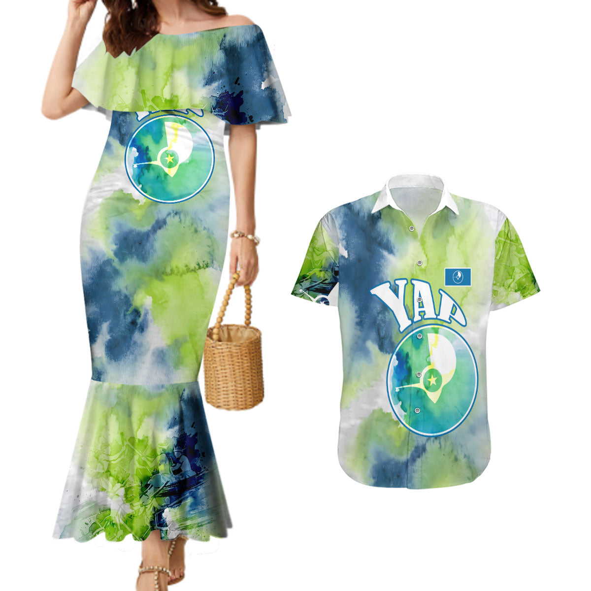 Yap Island Heritage Cultural Symbol Couples Matching Mermaid Dress and Hawaiian Shirt Micronesian Flag Stone Money Watercolor Abstract Art Design TS04 Green Blue - Polynesian Pride