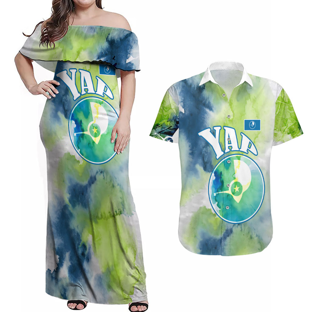 Yap Island Heritage Cultural Symbol Couples Matching Off Shoulder Maxi Dress and Hawaiian Shirt Micronesian Flag Stone Money Watercolor Abstract Art Design TS04 Green Blue - Polynesian Pride
