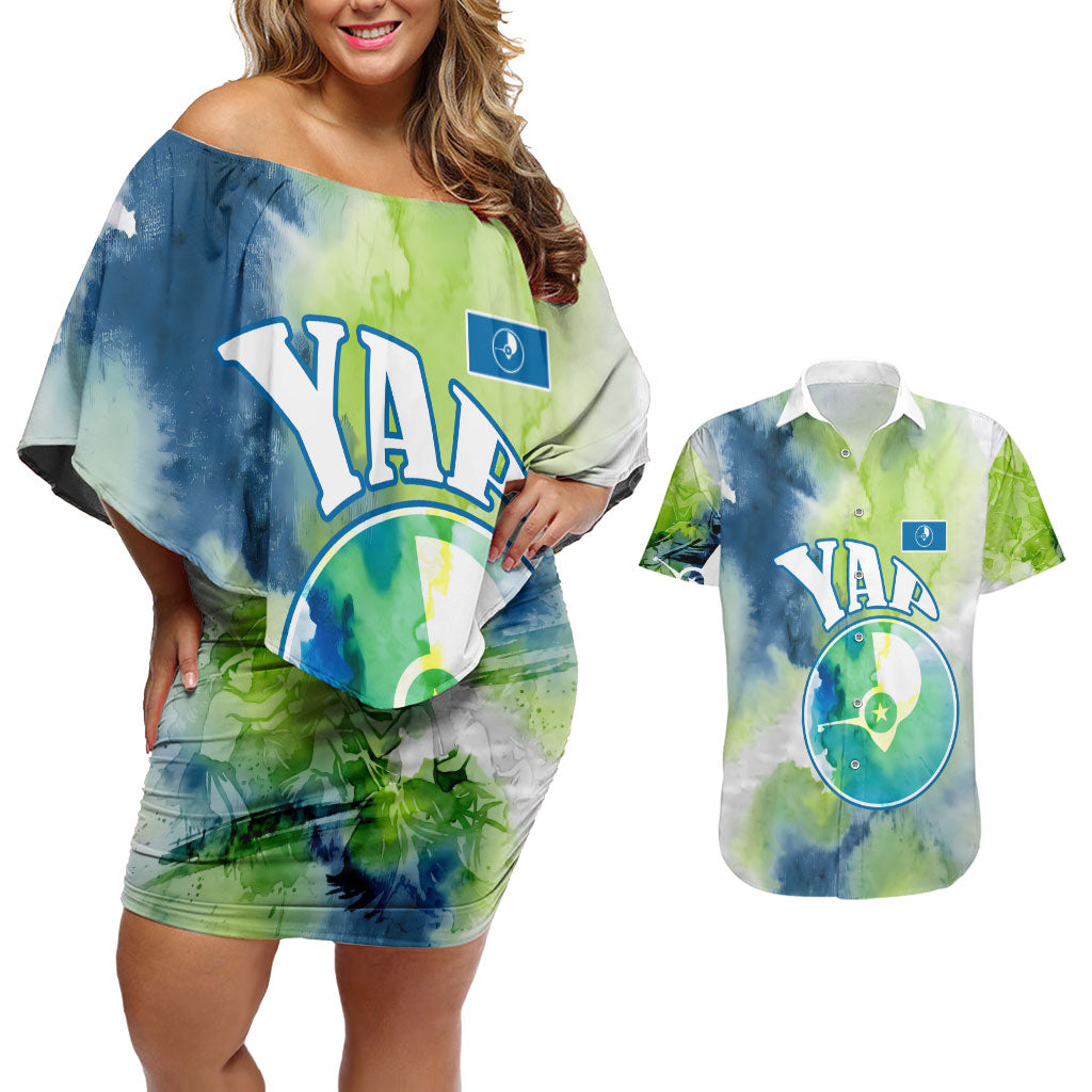 Yap Island Heritage Cultural Symbol Couples Matching Off Shoulder Short Dress and Hawaiian Shirt Micronesian Flag Stone Money Watercolor Abstract Art Design TS04 Green Blue - Polynesian Pride