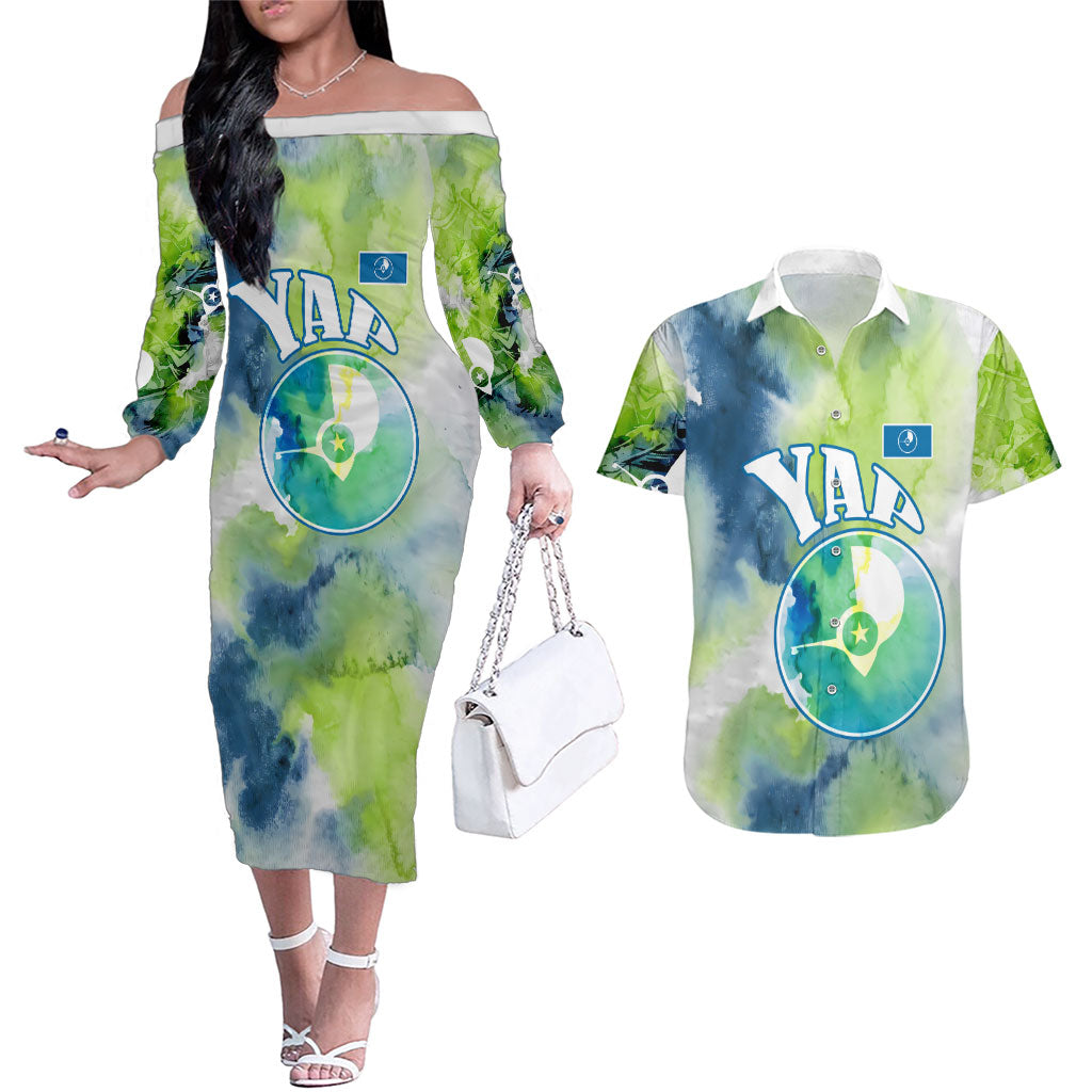 Yap Island Heritage Cultural Symbol Couples Matching Off The Shoulder Long Sleeve Dress and Hawaiian Shirt Micronesian Flag Stone Money Watercolor Abstract Art Design TS04 Green Blue - Polynesian Pride