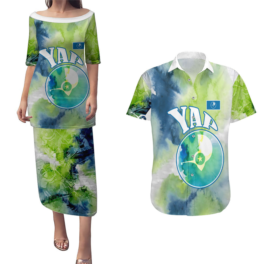 Yap Island Heritage Cultural Symbol Couples Matching Puletasi and Hawaiian Shirt Micronesian Flag Stone Money Watercolor Abstract Art Design TS04 Green Blue - Polynesian Pride