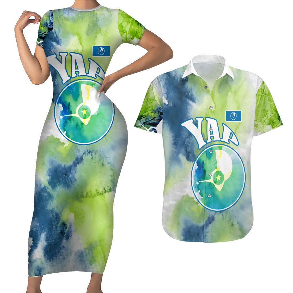 Yap Island Heritage Cultural Symbol Couples Matching Short Sleeve Bodycon Dress and Hawaiian Shirt Micronesian Flag Stone Money Watercolor Abstract Art Design TS04 Green Blue - Polynesian Pride