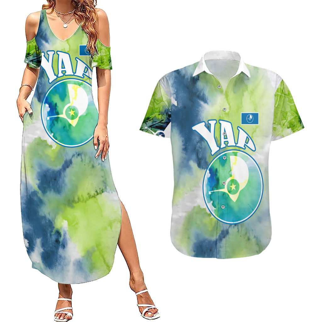 Yap Island Heritage Cultural Symbol Couples Matching Summer Maxi Dress and Hawaiian Shirt Micronesian Flag Stone Money Watercolor Abstract Art Design TS04 Green Blue - Polynesian Pride