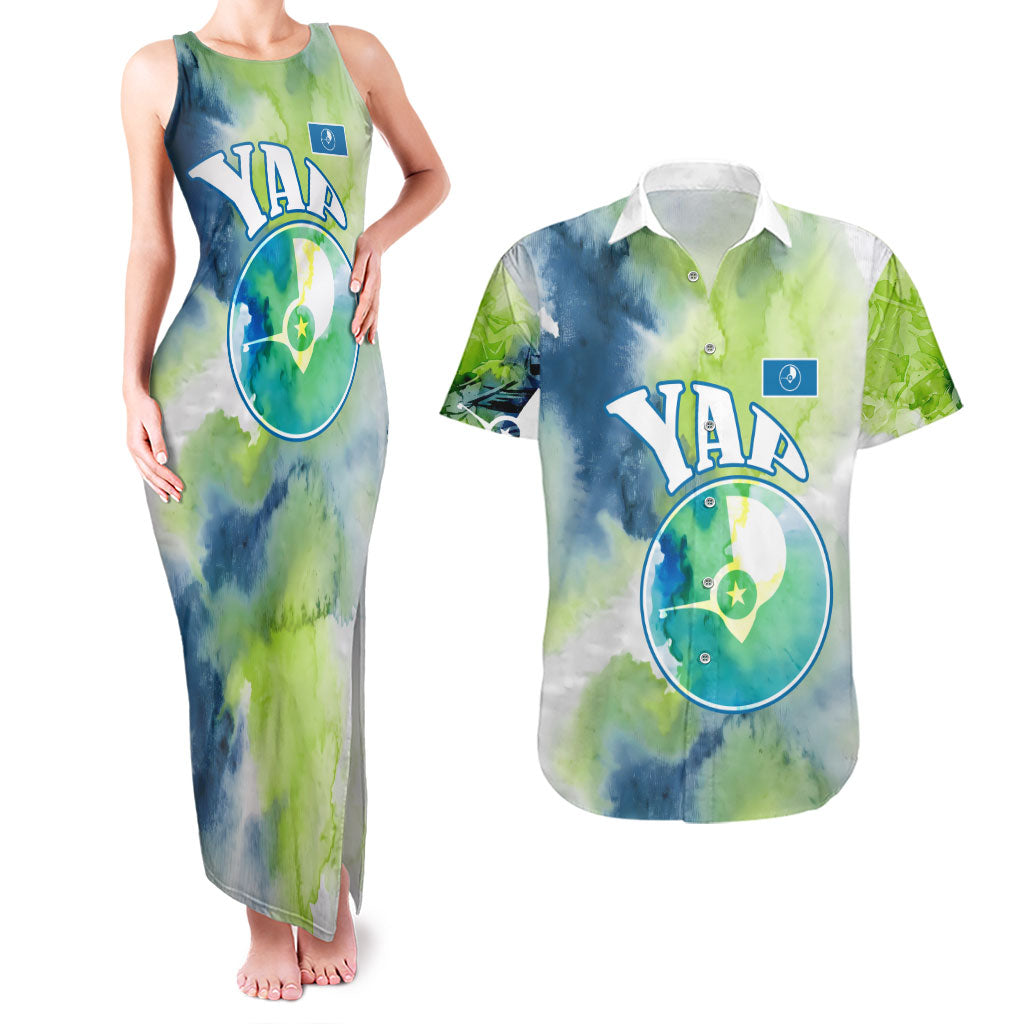 Yap Island Heritage Cultural Symbol Couples Matching Tank Maxi Dress and Hawaiian Shirt Micronesian Flag Stone Money Watercolor Abstract Art Design TS04 Green Blue - Polynesian Pride