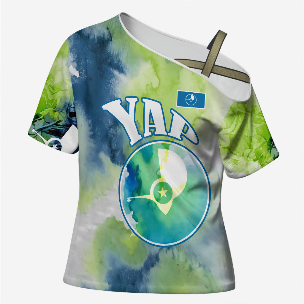Yap Island Heritage Cultural Symbol Cross Shoulder Shirt Micronesian Flag Stone Money Watercolor Abstract Art Design TS04 Female Green Blue - Polynesian Pride