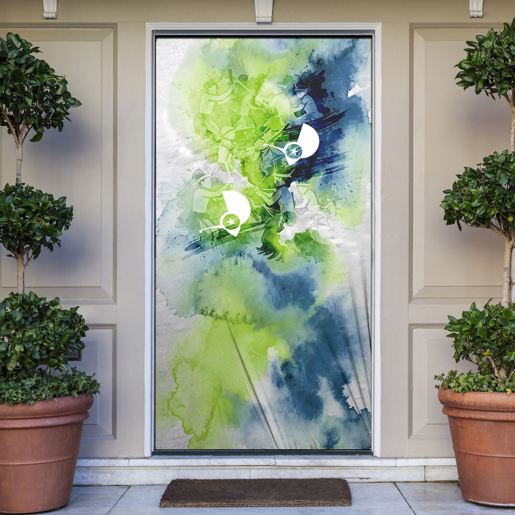 Yap Island Heritage Cultural Symbol Door Cover Micronesian Flag Stone Money Watercolor Abstract Art Design TS04 Green Blue - Polynesian Pride