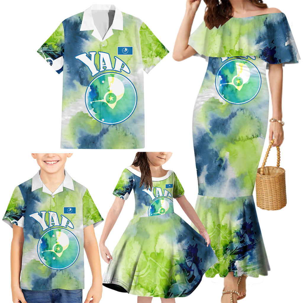Yap Island Heritage Cultural Symbol Family Matching Mermaid Dress and Hawaiian Shirt Micronesian Flag Stone Money Watercolor Abstract Art Design TS04 - Polynesian Pride
