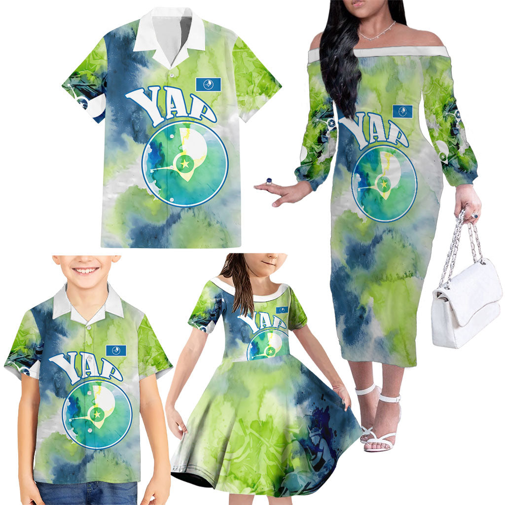 Yap Island Heritage Cultural Symbol Family Matching Off The Shoulder Long Sleeve Dress and Hawaiian Shirt Micronesian Flag Stone Money Watercolor Abstract Art Design TS04 - Polynesian Pride