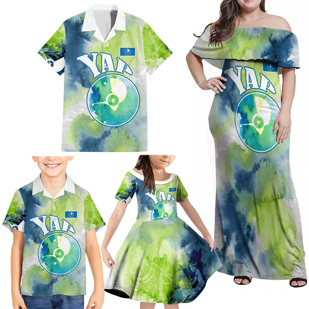 Yap Island Heritage Cultural Symbol Family Matching Off Shoulder Maxi Dress and Hawaiian Shirt Micronesian Flag Stone Money Watercolor Abstract Art Design TS04 - Polynesian Pride
