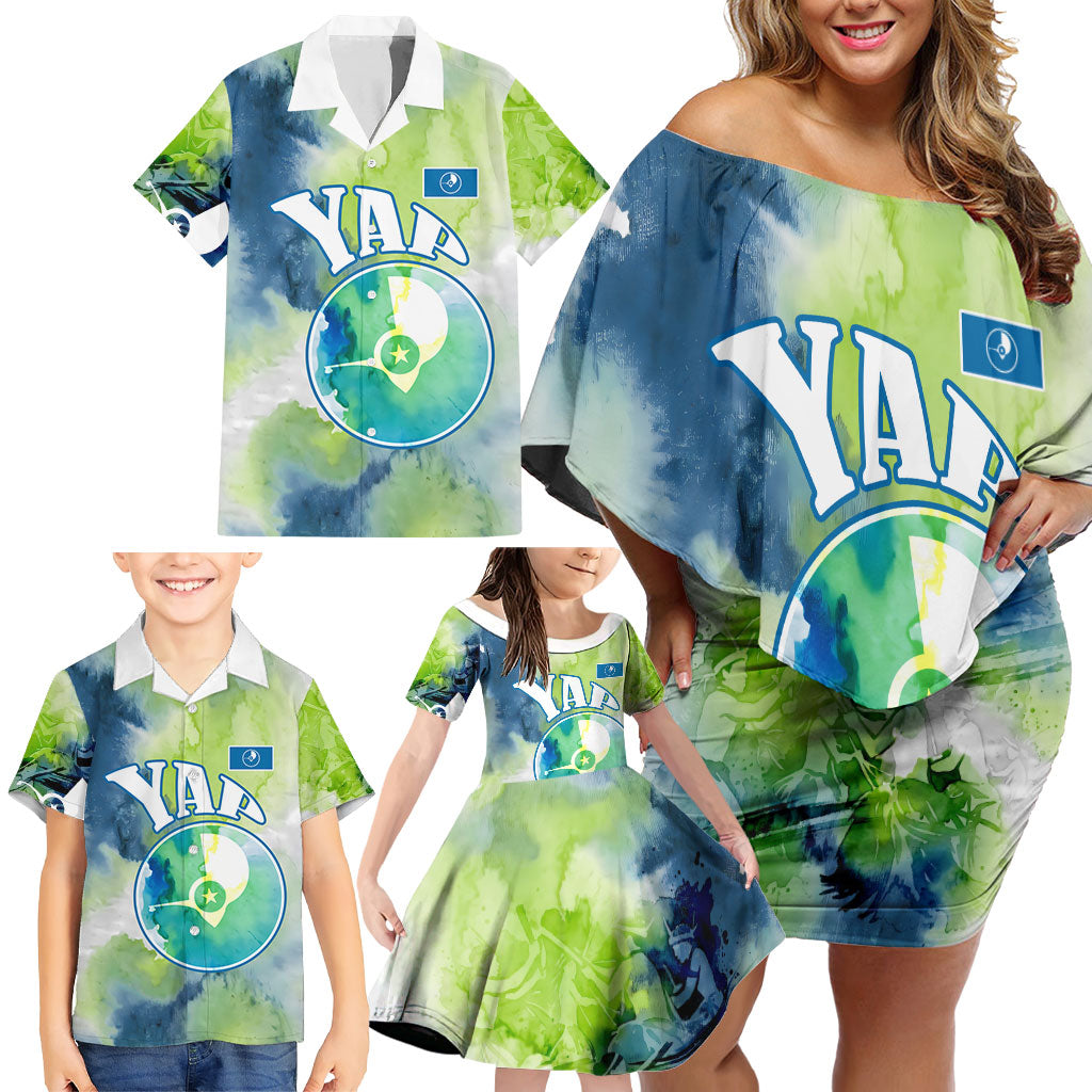 Yap Island Heritage Cultural Symbol Family Matching Off Shoulder Short Dress and Hawaiian Shirt Micronesian Flag Stone Money Watercolor Abstract Art Design TS04 - Polynesian Pride