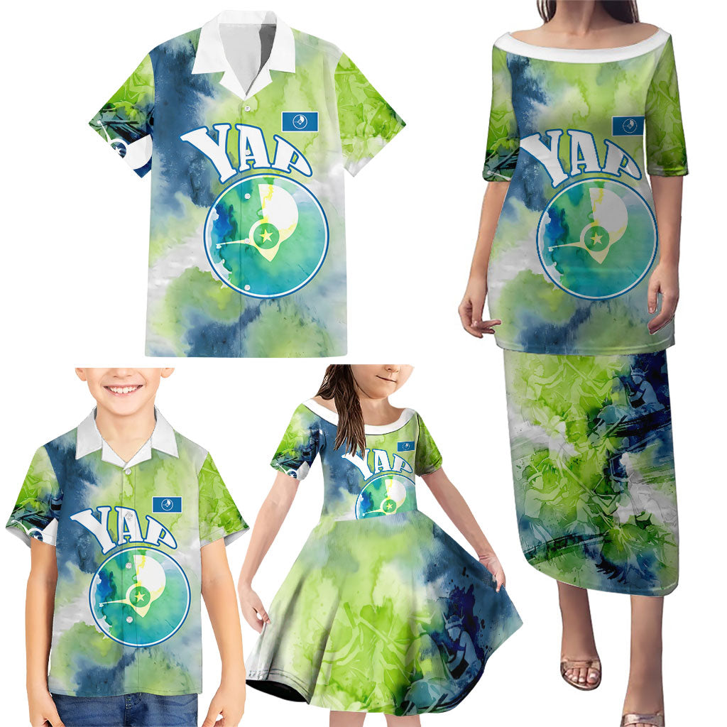 Yap Island Heritage Cultural Symbol Family Matching Puletasi and Hawaiian Shirt Micronesian Flag Stone Money Watercolor Abstract Art Design TS04 - Polynesian Pride