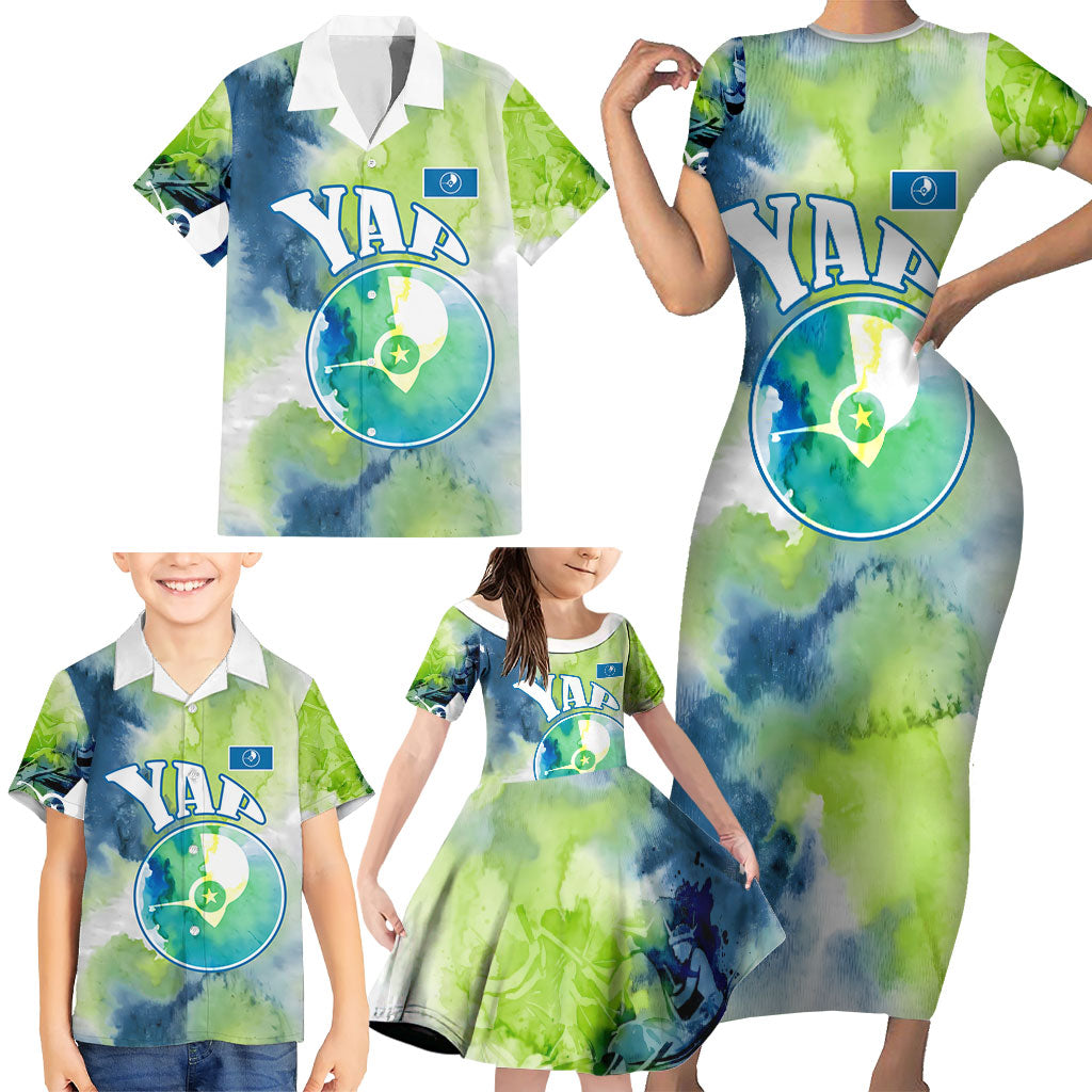 Yap Island Heritage Cultural Symbol Family Matching Short Sleeve Bodycon Dress and Hawaiian Shirt Micronesian Flag Stone Money Watercolor Abstract Art Design TS04 - Polynesian Pride