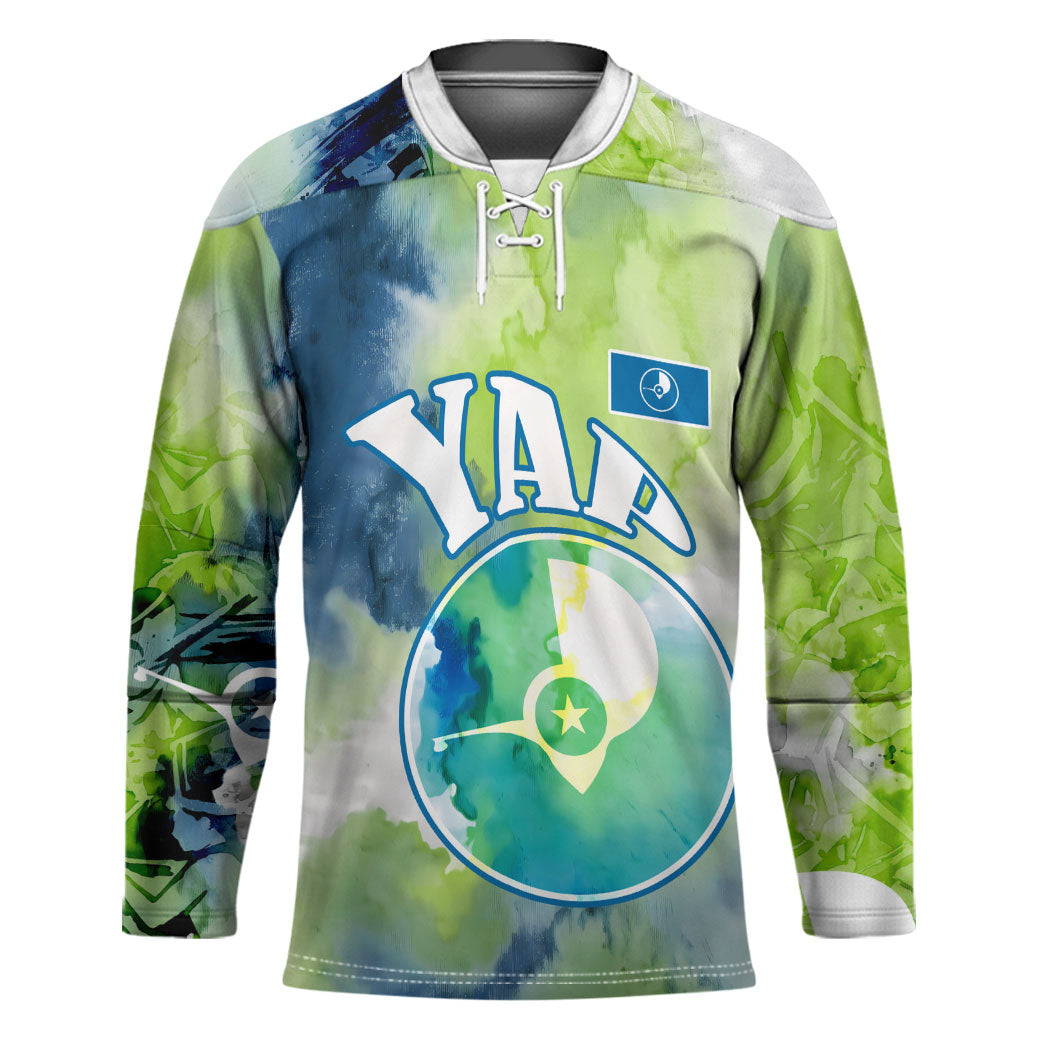 Yap Island Heritage Cultural Symbol Hockey Jersey Micronesian Flag Stone Money Watercolor Abstract Art Design TS04 Unisex Green Blue - Polynesian Pride