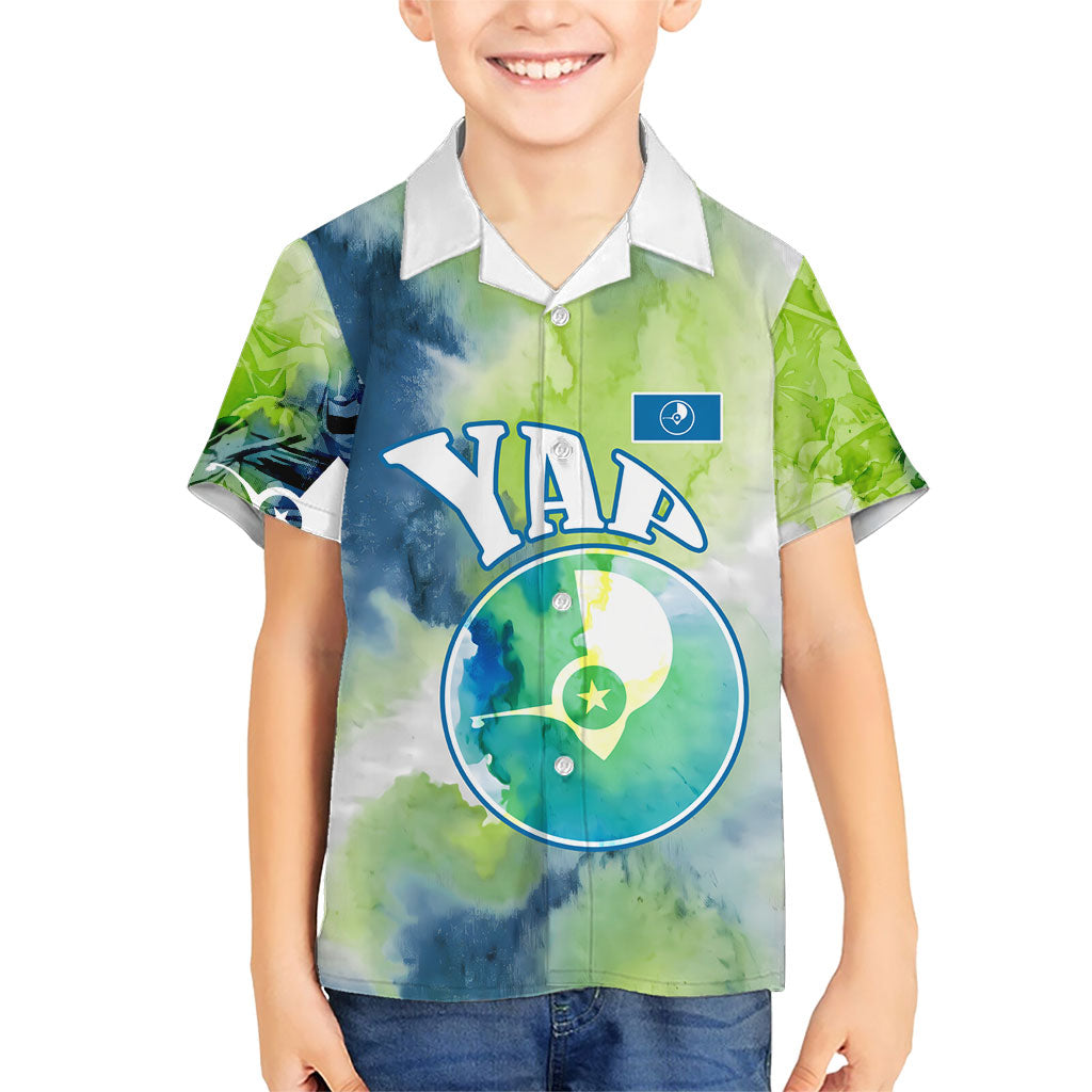 Yap Island Heritage Cultural Symbol Kid Hawaiian Shirt Micronesian Flag Stone Money Watercolor Abstract Art Design TS04 Kid Green Blue - Polynesian Pride