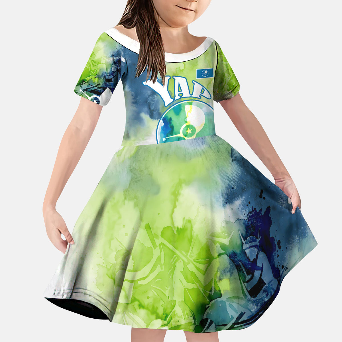 Yap Island Heritage Cultural Symbol Kid Short Sleeve Dress Micronesian Flag Stone Money Watercolor Abstract Art Design TS04 KID Green Blue - Polynesian Pride