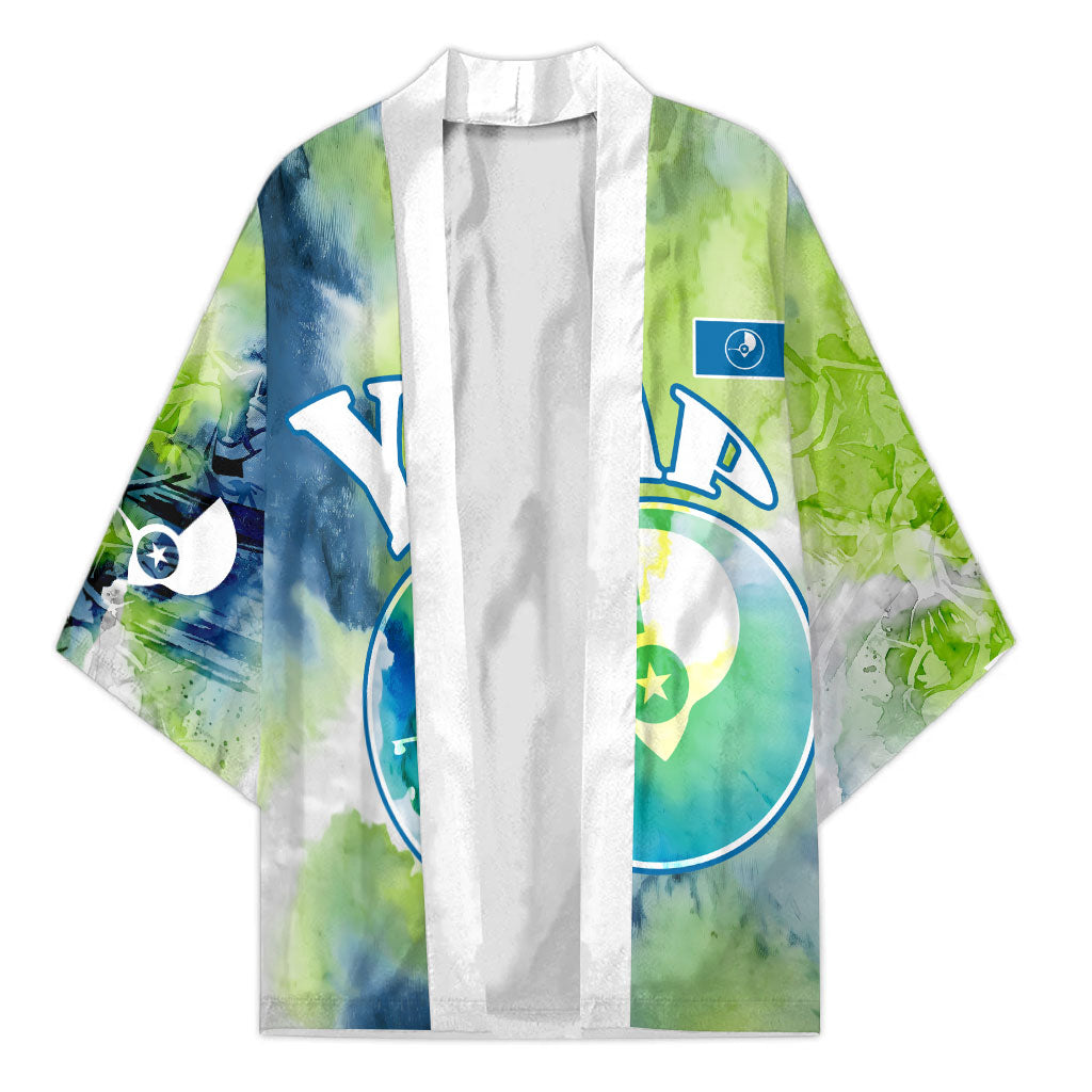 Yap Island Heritage Cultural Symbol Kimono Micronesian Flag Stone Money Watercolor Abstract Art Design TS04 Unisex Green Blue - Polynesian Pride