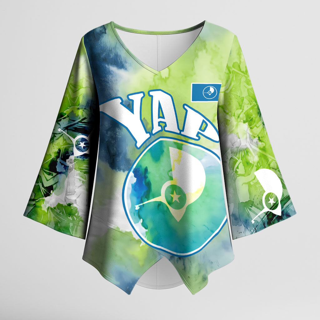 Yap Island Heritage Cultural Symbol Kimono Sleeve Blouse Micronesian Flag Stone Money Watercolor Abstract Art Design TS04 Female Green Blue - Polynesian Pride