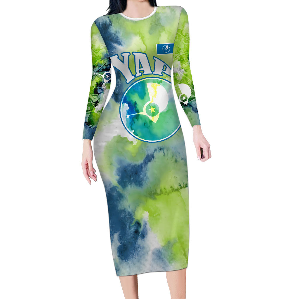 Yap Island Heritage Cultural Symbol Long Sleeve Bodycon Dress Micronesian Flag Stone Money Watercolor Abstract Art Design TS04 Long Dress Green Blue - Polynesian Pride