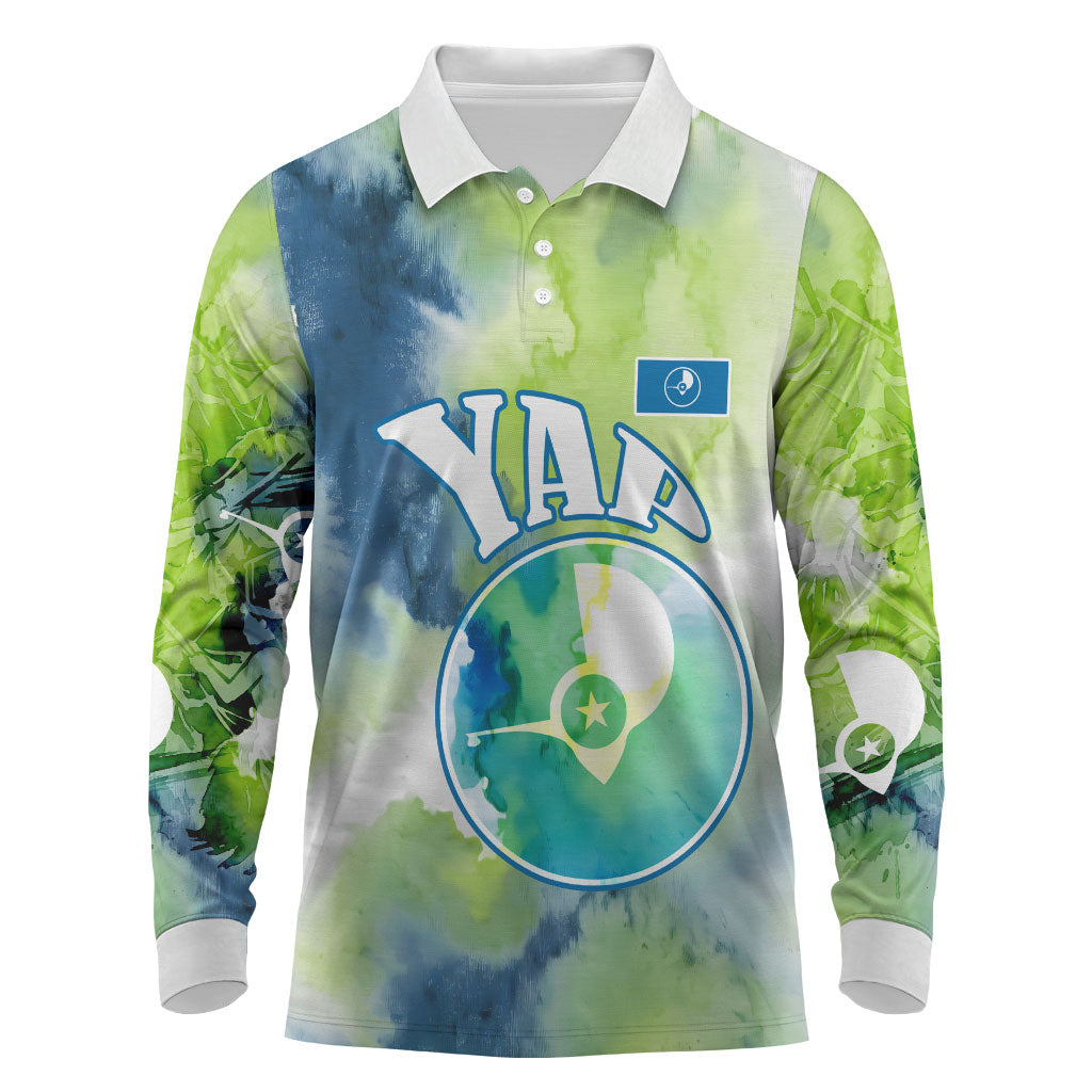 Yap Island Heritage Cultural Symbol Long Sleeve Polo Shirt Micronesian Flag Stone Money Watercolor Abstract Art Design TS04 Green Blue - Polynesian Pride