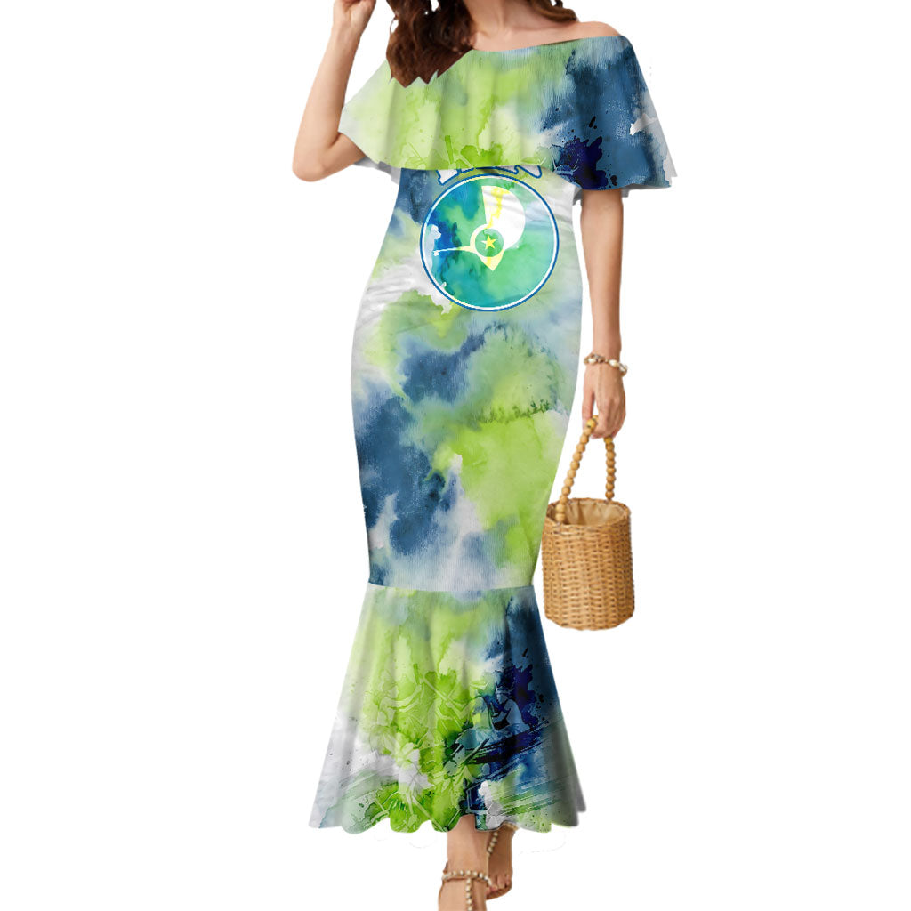 Yap Island Heritage Cultural Symbol Mermaid Dress Micronesian Flag Stone Money Watercolor Abstract Art Design TS04 Women Green Blue - Polynesian Pride
