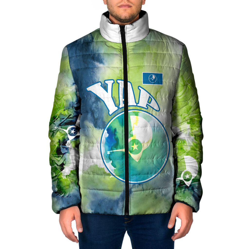 Yap Island Heritage Cultural Symbol Padded Jacket Micronesian Flag Stone Money Watercolor Abstract Art Design TS04 Men Green Blue - Polynesian Pride