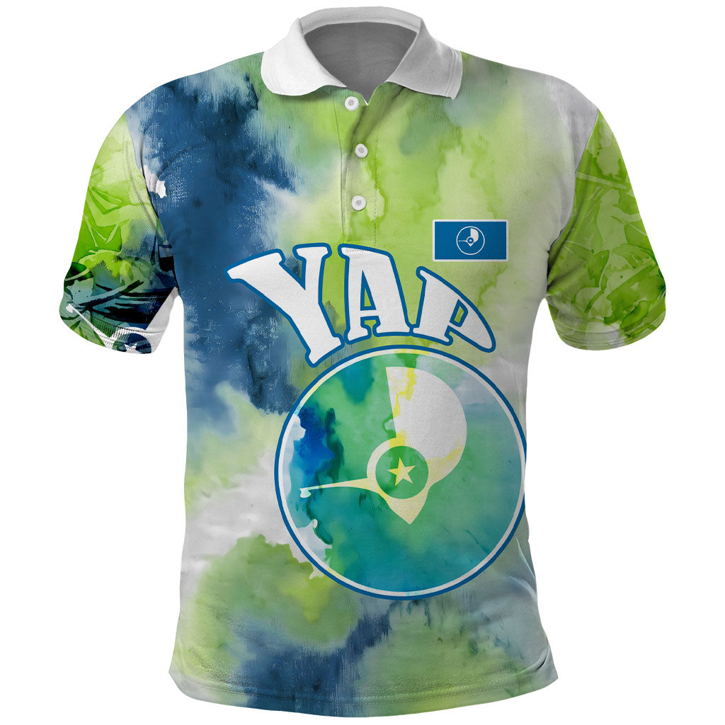 Yap Island Heritage Cultural Symbol Polo Shirt Micronesian Flag Stone Money Watercolor Abstract Art Design TS04 Green Blue - Polynesian Pride
