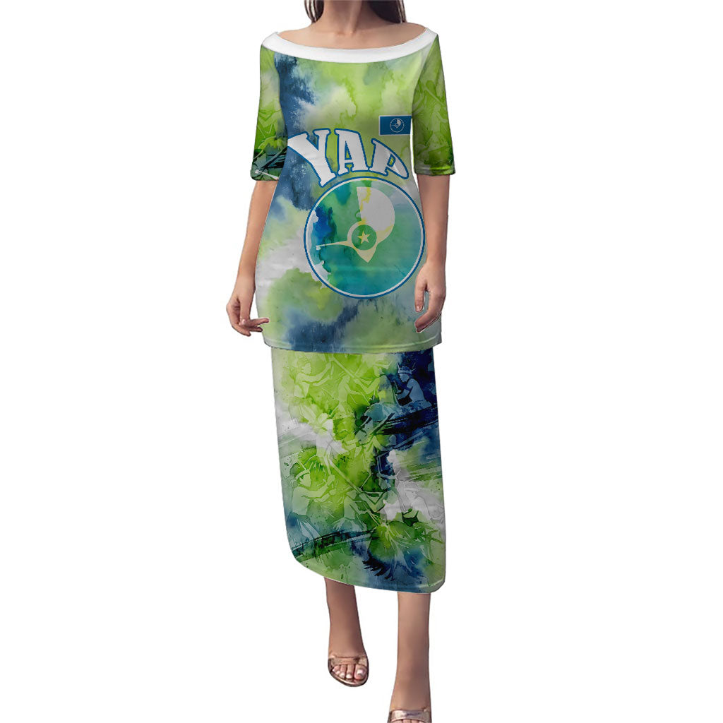 Yap Island Heritage Cultural Symbol Puletasi Micronesian Flag Stone Money Watercolor Abstract Art Design TS04 Long Dress Green Blue - Polynesian Pride