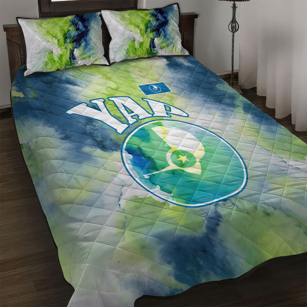Yap Island Heritage Cultural Symbol Quilt Bed Set Micronesian Flag Stone Money Watercolor Abstract Art Design TS04 Green Blue - Polynesian Pride