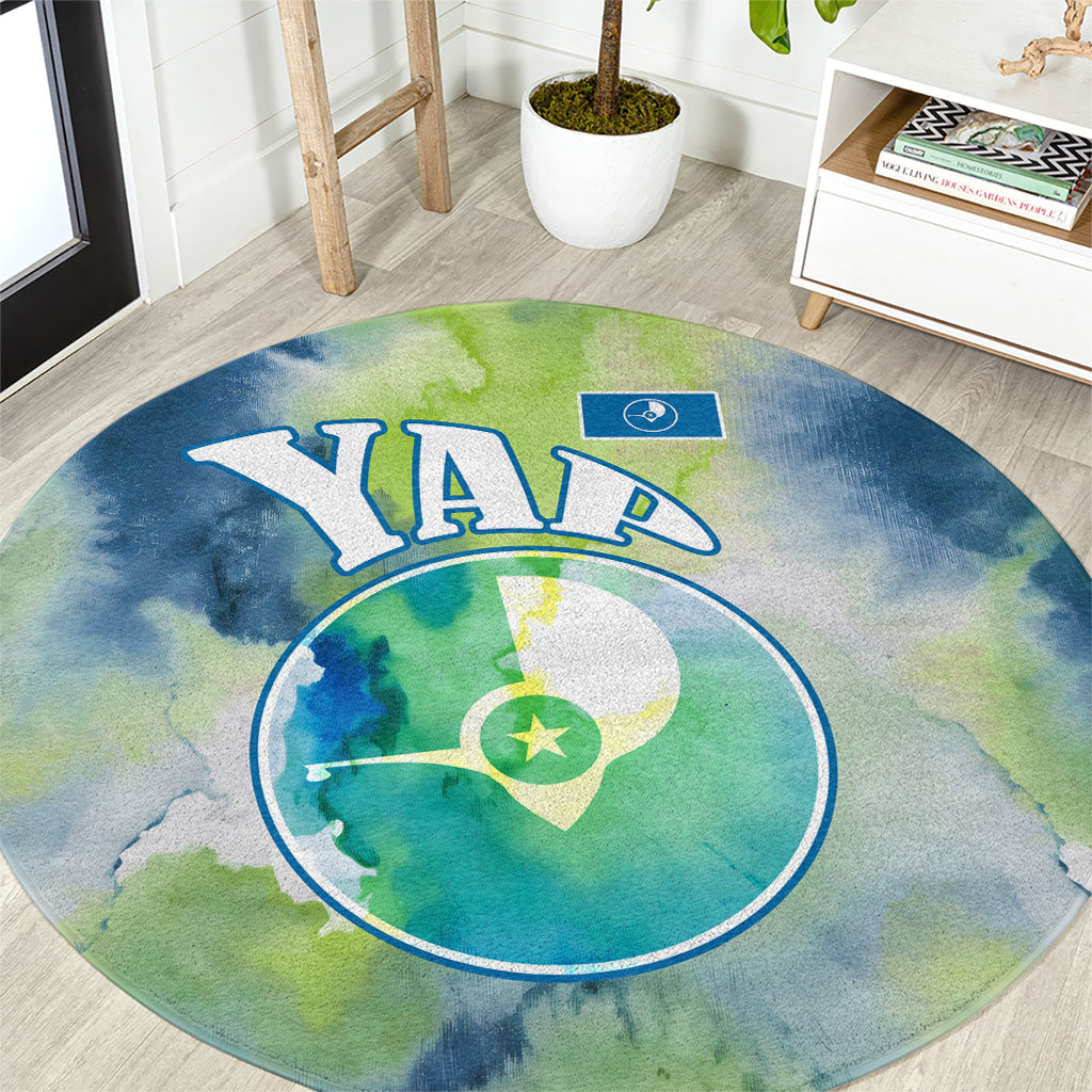 Yap Island Heritage Cultural Symbol Round Carpet Micronesian Flag Stone Money Watercolor Abstract Art Design TS04 Green Blue - Polynesian Pride